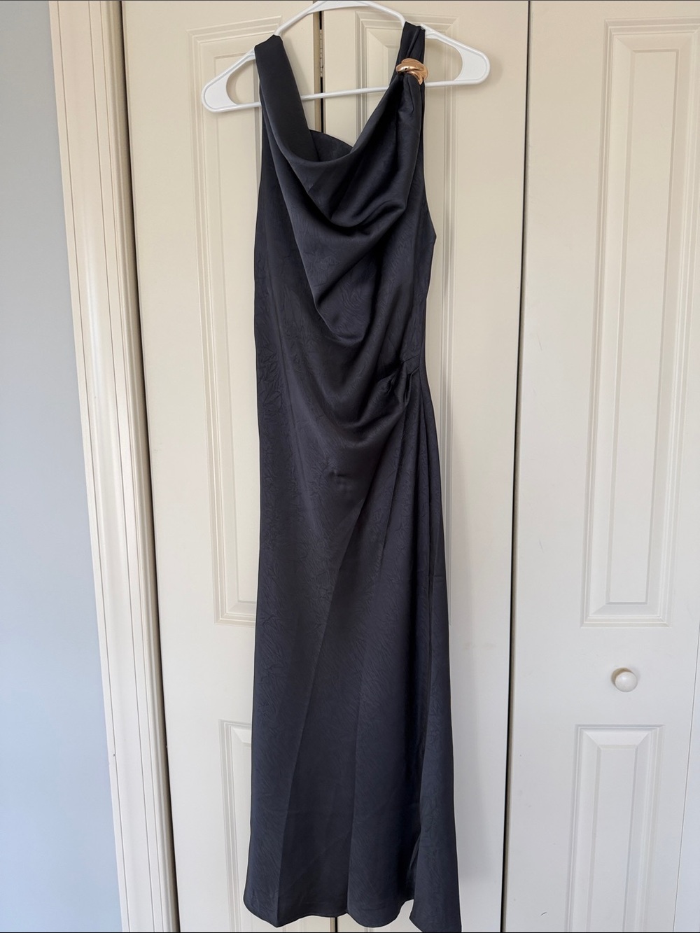Grey Cowl-Neck Maxi Dress with Gold Accent